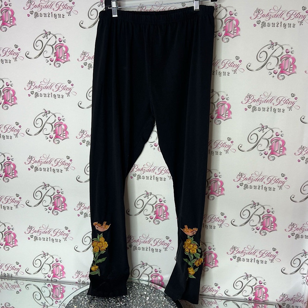 April Cornell tights Black Orange Leggings pants bird flowers embroidered